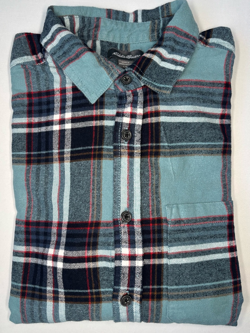 Eddie Bauer Men's Plaid Button-Up Flannel Shirt in Light Teal and Navy